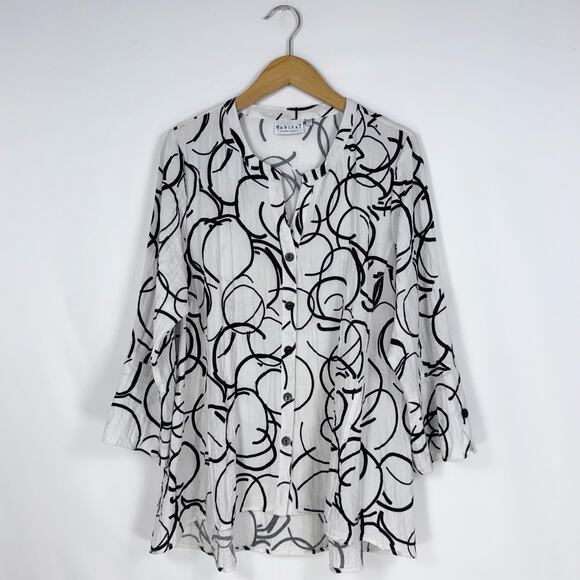 Habitat Clothes To Live In Women's Artsy Button Down Top Large White Black - Picture 1 of 14